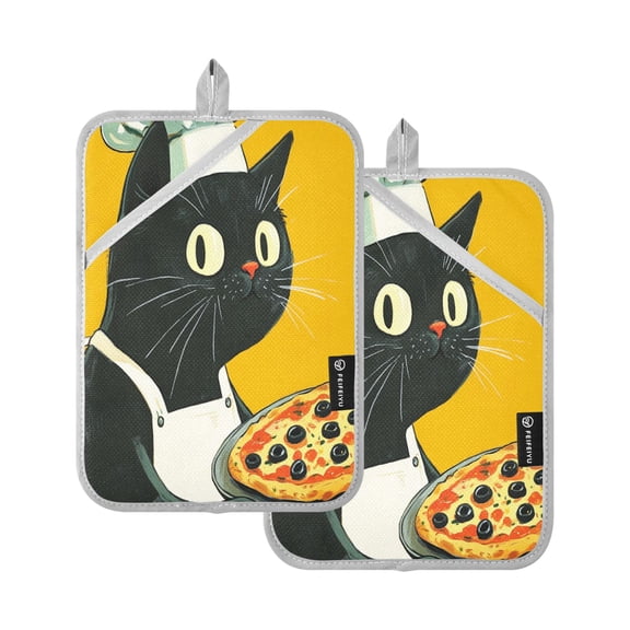WOBOGO Pizza Black Cat Oven Mitts 2 Piece Heat Resistant 338 Degrees F Square Insulation Pads for A Wide Range of Cooking Occasions