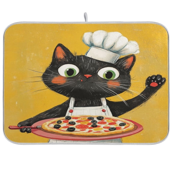 WOBOGO Pizza Cat Chef Kitchen Drying Mat Heat Resistant Drainage with Non-Slip Rubber Backing Hides Stains Super Absorbent Easy to Clean 16×18in