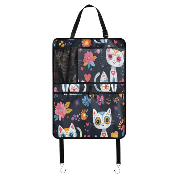WOBOGO Playful Colorful Cat Pattern Backseat Car Organizer Footed Universal Car with Touch Screen Tablet Holder Rear Seat Protector