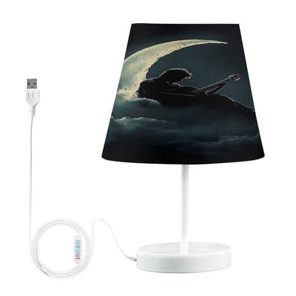 WOBOGO Playing Guitar on The Moon Table Lamps Bedroom 3-Speed Dimmable Farm Style with Fabric Shade for Reading and Home Office