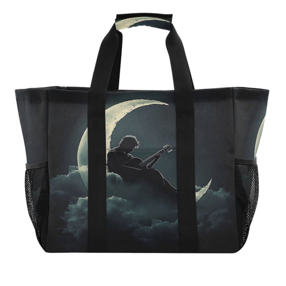 WOBOGO Playing Guitar on The Moon Tote Shopping Bag Reusable Heavy Duty Durable Foldable Washable 15.4×12.8×9.8in