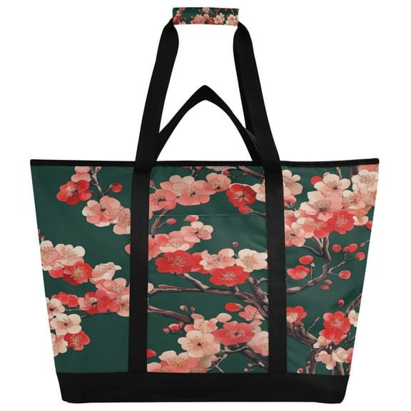 WOBOGO Plum Blossom Tote Cooler Bag Fold Flat Insulated Shopping Bag With Zipper For Work Picnic Beach Use 18×6.7×24in