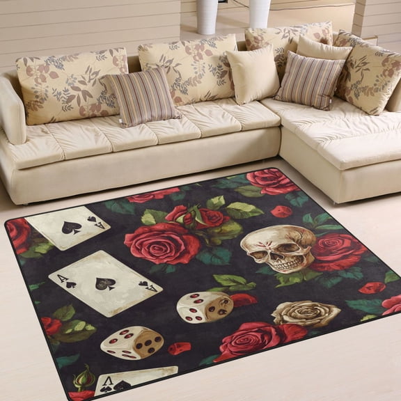 WOBOGO Poker Collides with Skulls Carpet Non-Slip Rugs Soft Doormat 80×58in Living Dining Room Bedroom Decorative