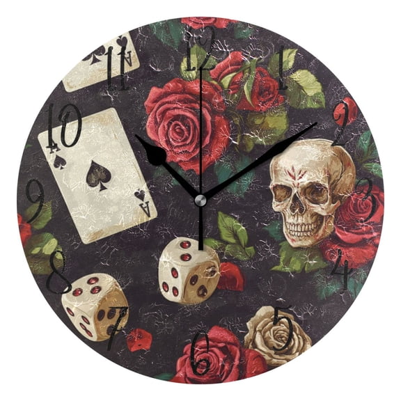 WOBOGO Poker Collides with Skulls Wall Clock 10in Silent Mechanism Battery Operated Retro Style for Living Room Bedroom and Kitchen Black Pointer