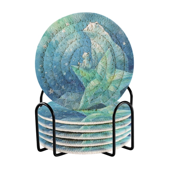 WOBOGO Polar Bear Coil Coasters Set of 6 Minimalist Cotton Woven 3.94 inch Non-Slip Insulated and Absorbent Home Accessories.