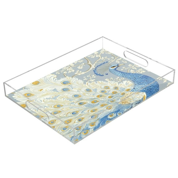 WOBOGO Pretty Blue Peacock Acrylic Serving Trays 15.7x11.8 Inch Spill Proof Clear Decorative Organizer with Handle