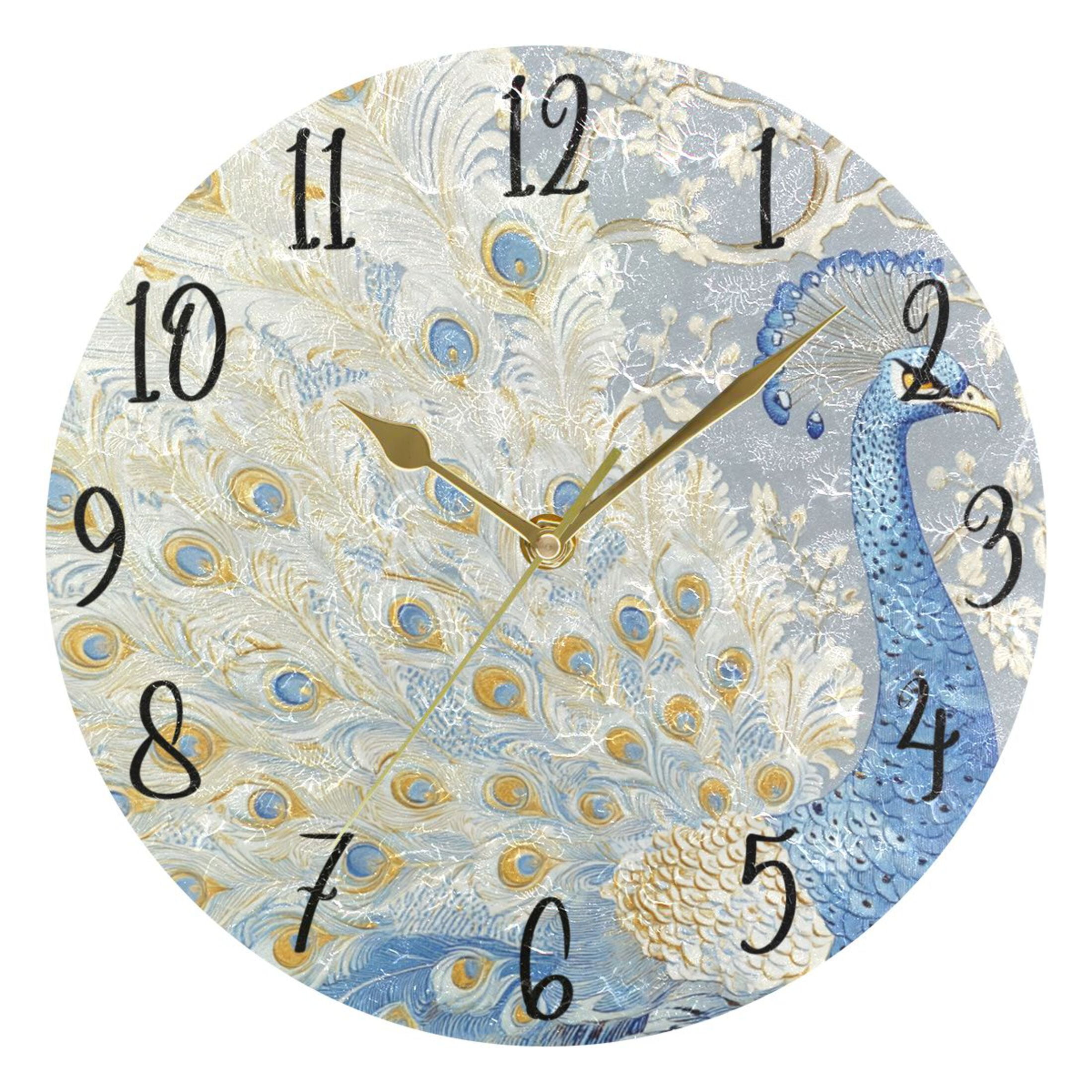 WOBOGO Pretty Blue Peacock Wall Clock 10in Silent Mechanism Battery ...