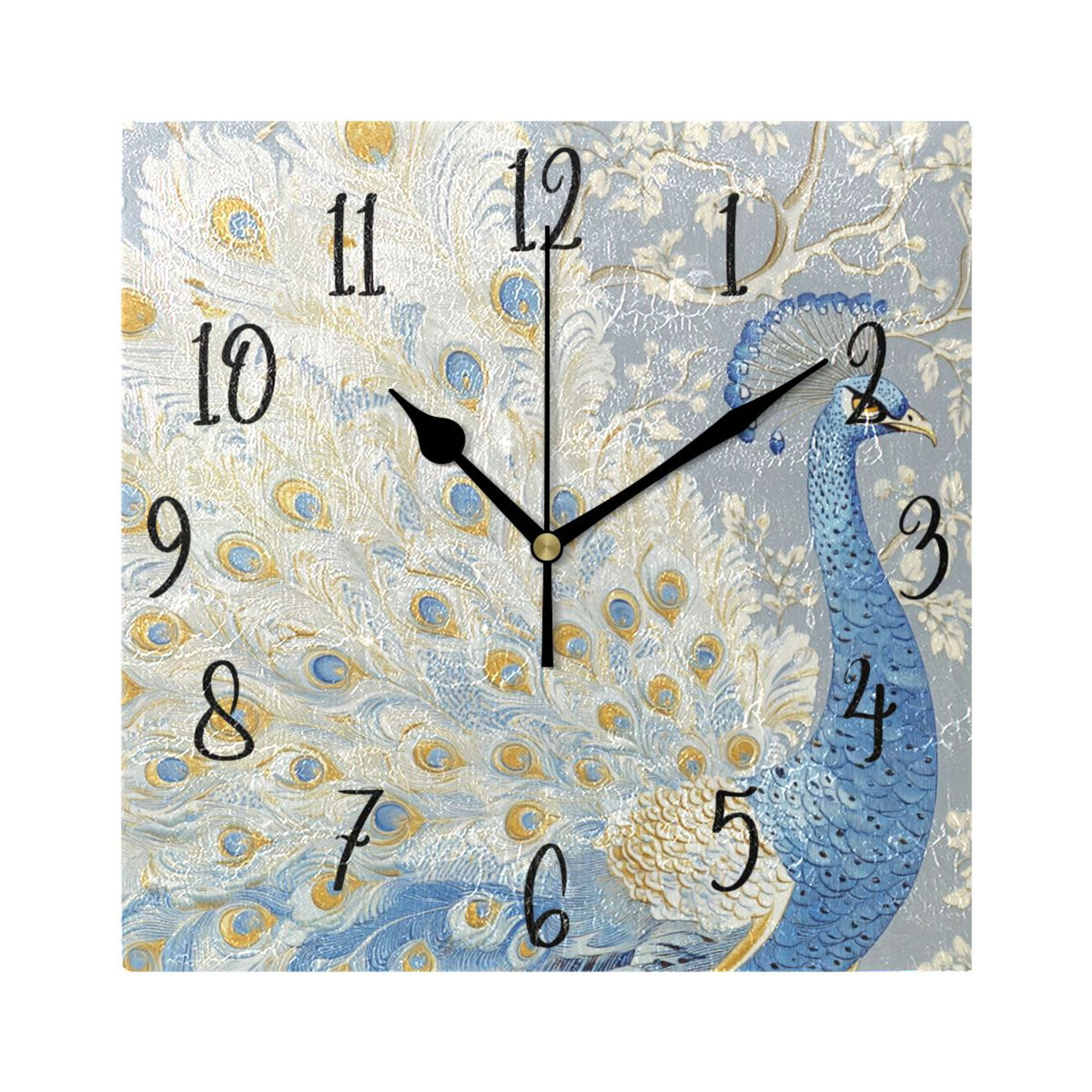 WOBOGO Pretty Blue Peacock Wall Clock 7.78 Inch Battery Operated Silent ...