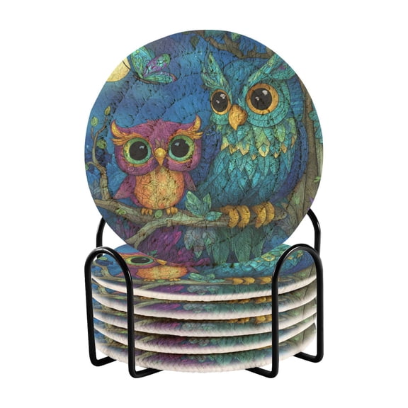 WOBOGO Pretty Owl Coil Coasters Set of 6 Minimalist Cotton Woven 3.94 inch Non-Slip Insulated and Absorbent Home Accessories.