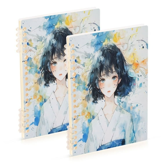 WOBOGO Pretty Watercolor Lass Notebook College Horizontal Grid Paper Ink Spill Resistant Water Resistant Cover 8.3x5.7x0.4in