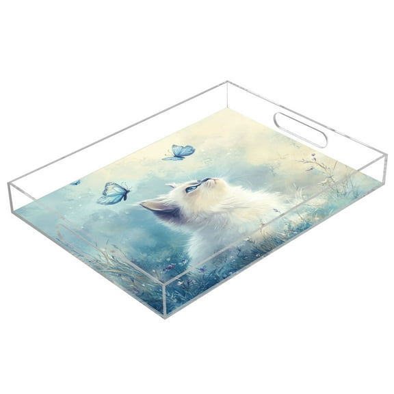WOBOGO Pretty White Ragdoll Cat Acrylic Serving Trays 15.7x11.8 Inch Spill Proof Clear Decorative Organizer with Handle