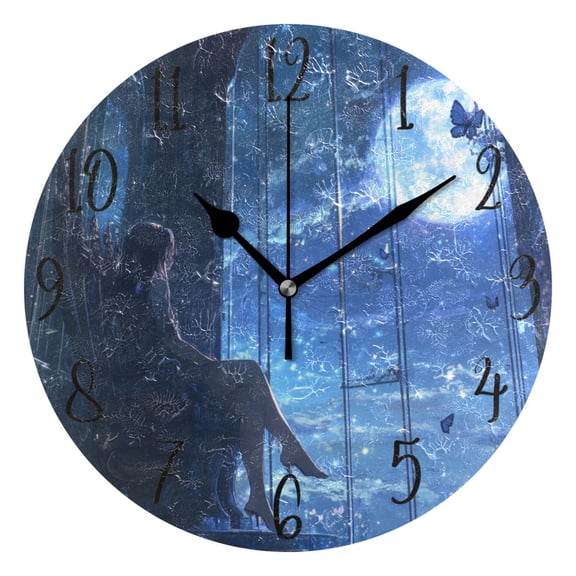 WOBOGO Princess Enjoying The Moon Pattern Wall Clock 10in Silent Mechanism Battery Operated Retro Style for Living Room Bedroom and Kitchen Black Pointer