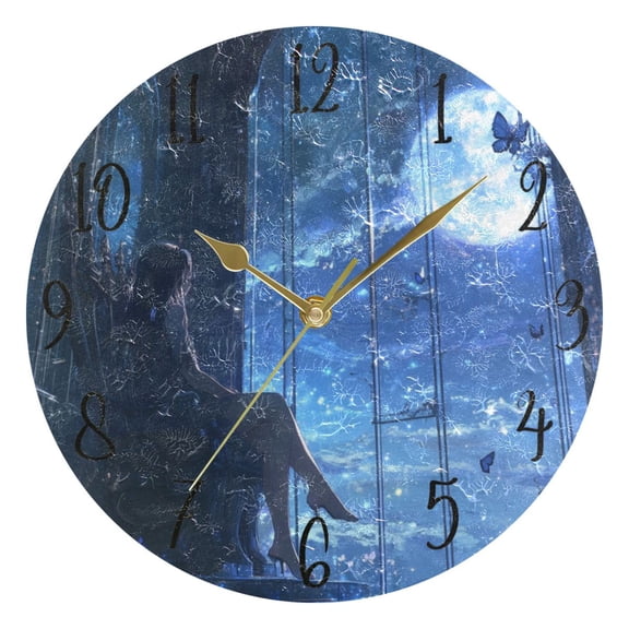 WOBOGO Princess Enjoying The Moon Pattern Wall Clock 10in Silent Mechanism Battery Operated Retro Style for Living Room Bedroom and Kitchen Gold Pointer