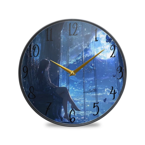 WOBOGO Princess Enjoying The Moon Pattern Acrylic Wall Clock Battery Operated 9.5in Silent No Tick Bedroom Living Room Office Classroom Decoration
