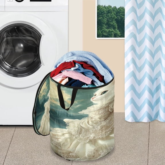 WOBOGO Princess White Cat Foldable Laundry Baskets with Carry Handle Zipper Closure Travel Bathroom College Dorm Essentials
