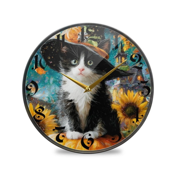 WOBOGO Pumpkin Kitten Acrylic Wall Clock Battery Operated 9.5in Silent No Tick Bedroom Living Room Office Classroom Decoration
