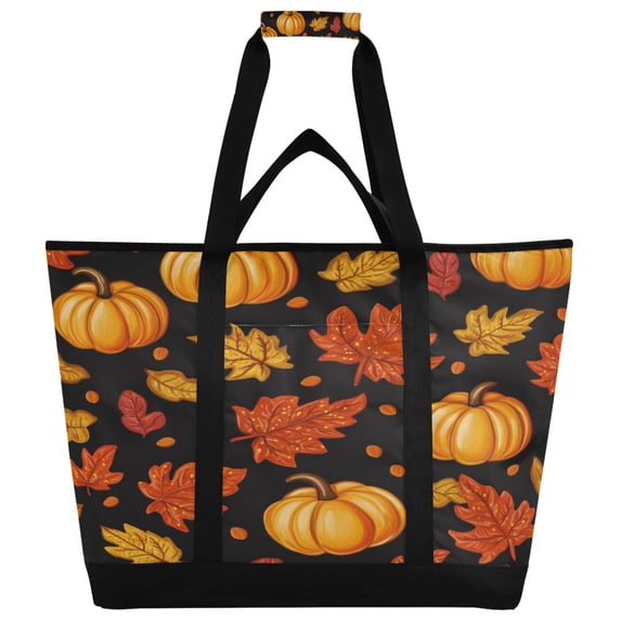 WOBOGO Pumpkin Leaf Fall Autumn Tote Cooler Bag Fold Flat Insulated Shopping Bag With Zipper For Work Picnic Beach Use 18×6.7×24in