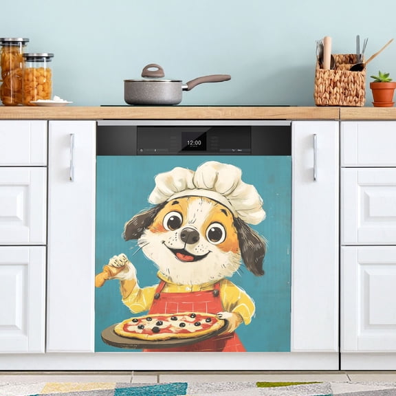 WOBOGO Puppy Serving Pizza Magnetic Dishwasher Sticker Personalized DIY Beautiful and Practical Home Kitchen Decorations2316in.