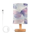 thumbnail image 1 of WOBOGO Purple Butterfly Bedroom Table Lamp USB Power Connector Wooden Base Round Linen Shade For Living Room Desk, 1 of 7