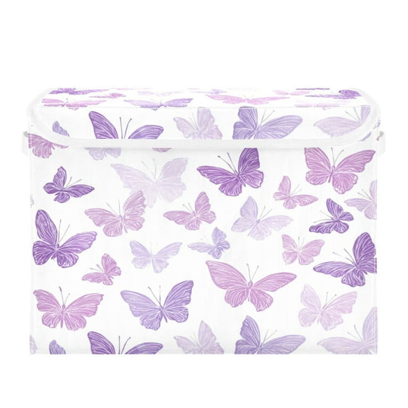 WOBOGO Purple Butterfly Large Collapsible Storage Box Flip Lid Fabric Decorative Organizer Container Basket with Handles 16.512.611.8in