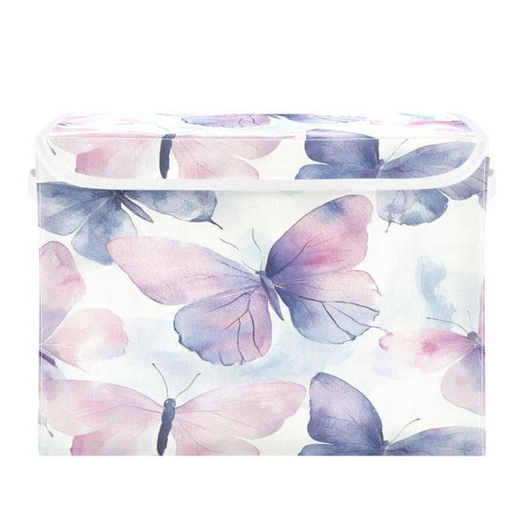 WOBOGO Purple Butterfly Large Collapsible Storage Box Flip Lid Fabric Decorative Organizer Container Basket with Handles 16.512.611.8in