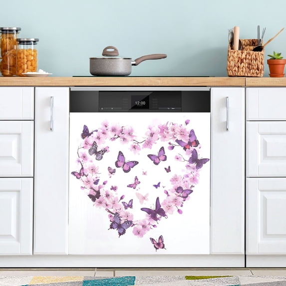 WOBOGO Purple Butterfly Pink Floral Magnetic Dishwasher Sticker Personalized DIY Beautiful and Practical Home Kitchen Decorations23×16in.