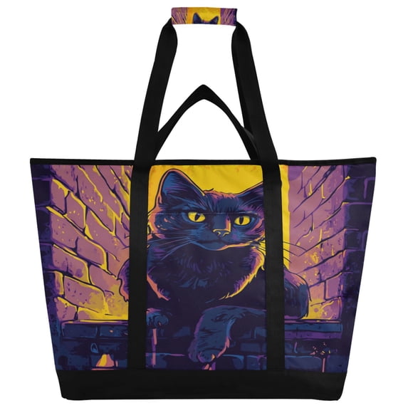 WOBOGO Purple Dusk Cat Pattern Tote Cooler Bag Fold Flat Insulated Shopping Bag With Zipper For Work Picnic Beach Use 18×6.7×24in