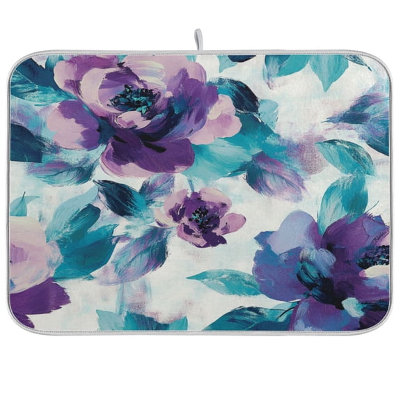 WOBOGO Purple Green Flora Kitchen Drying Mat Heat Resistant Drainage with Non-Slip Rubber Backing Hides Stains Super Absorbent Easy to Clean 16×18in