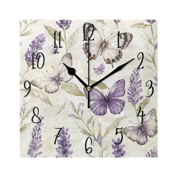 WOBOGO Purple Lavender and Butterfly Wall Clock 7.78 Inch Battery Operated Silent Unit Square Rustic Vintage Style for Home Bedroom Office Black Pointer