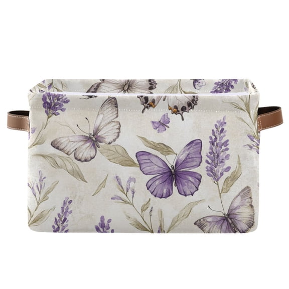 WOBOGO Purple Lavender and Butterfly Square Storage Basket with Waterproof Canvas and PE Lining Durable PU Leather Handles 14.2×10.2×8.3in