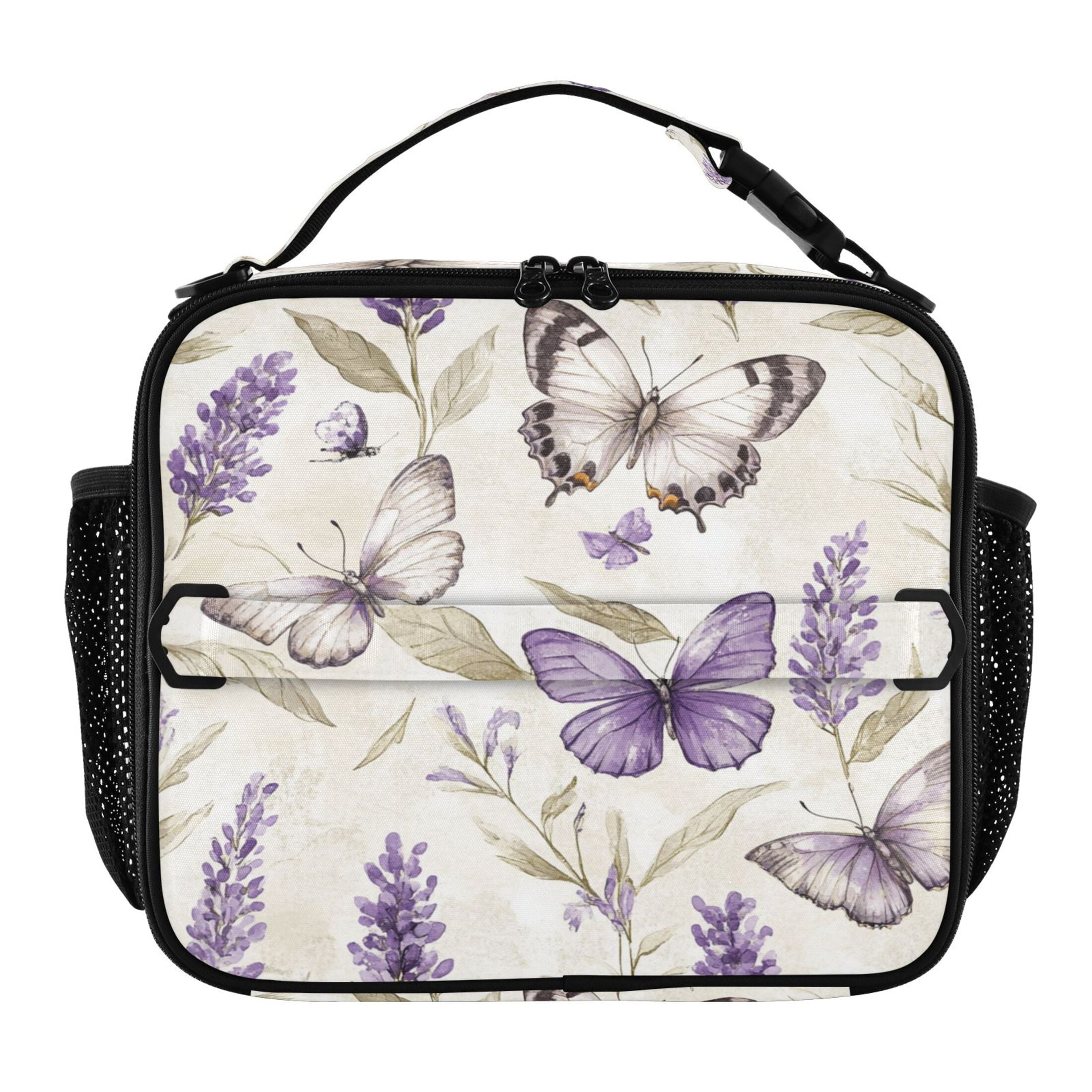 WOBOGO Purple Lavender and Butterfly Tote Lunch Bag High Quality Insulated Aluminium Film For Cold with Adjustable Shoulder Strap 11.2×9.8×3.5in