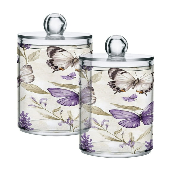 WOBOGO Purple Lavender and Butterfly Transparent Plastic Jar 2pcs Cotton Swabs Balls Pads Floss Stick Dispenser Bathroom Vanity Storage Organizer