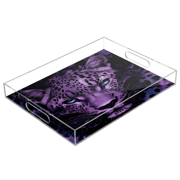 WOBOGO Purple Leopard Acrylic Serving Trays 15.7x11.8 Inch Spill Proof Clear Decorative Organizer with Handle