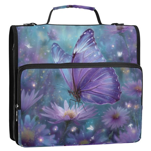 WOBOGO Purple Sparkling Butterfly Ring Binder Bag 1.5in Folder Organizer with Shoulder Strap for 13Inch Laptop and 500 Sheets of Paper