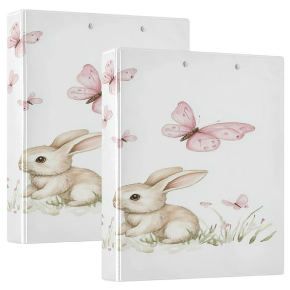 WOBOGO Rabbits Playing with Pink Butterflies File Folders Extra Large Capacity to Hold 200 Sheets of Documents Hard Shell Ring Binder for School Home Office