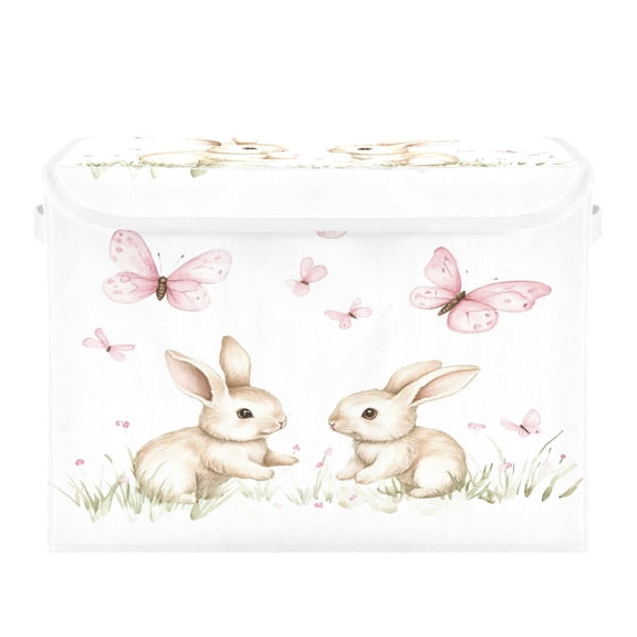 WOBOGO Rabbits Playing with Pink Butterflies Large Collapsible Storage Box Flip Lid Fabric Decorative Organizer Container Basket with Handles 16.512.611.8in
