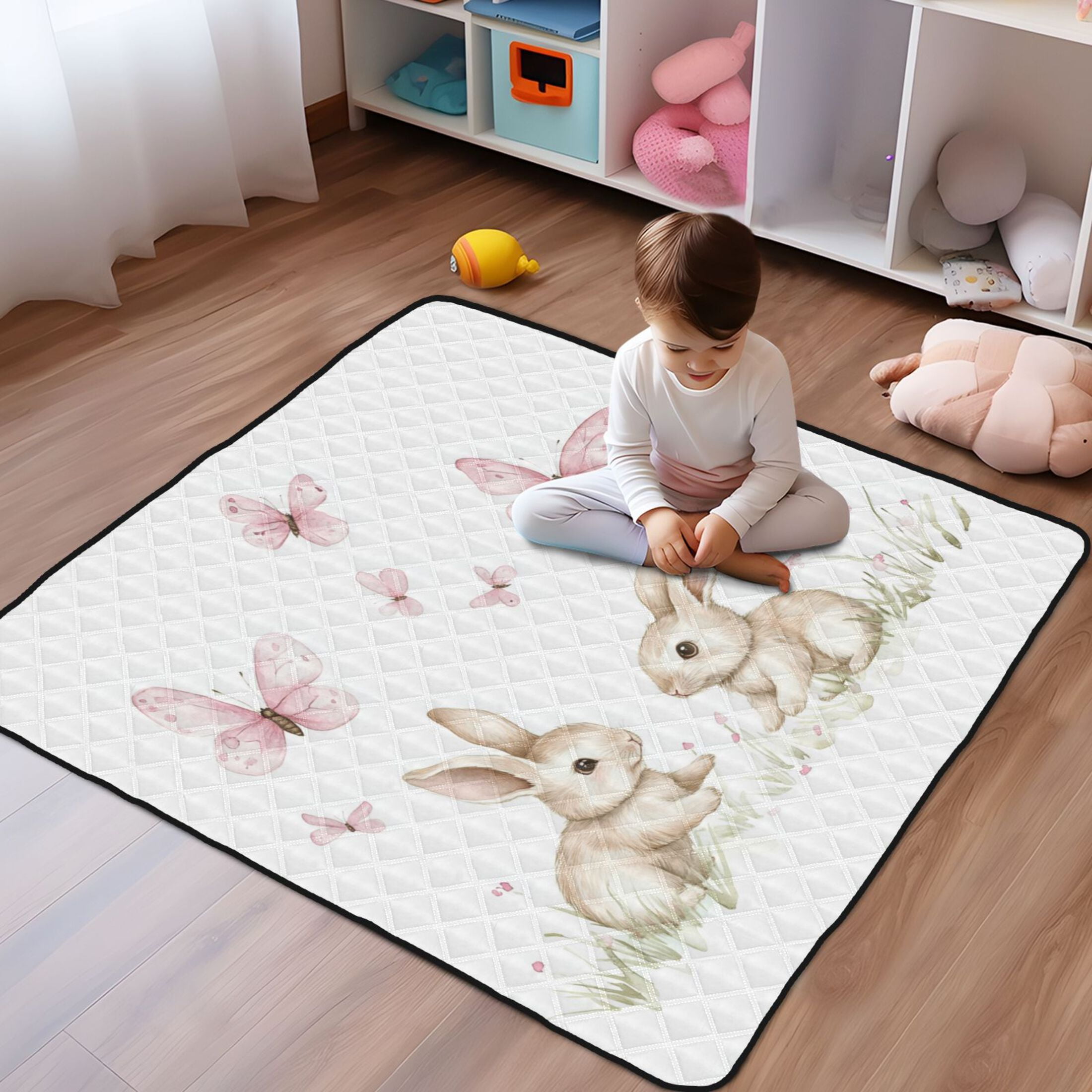 WOBOGO Rabbits Playing with Pink Butterflies Baby Playmats Extra Large Waterproof Rollable Activity Pads for Toddlers 50×50inch
