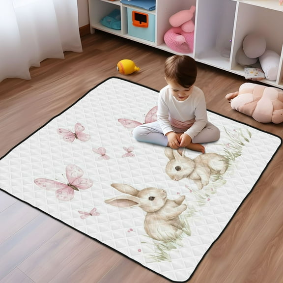 WOBOGO Rabbits Playing with Pink Butterflies Baby Playmats Extra Large Waterproof Rollable Activity Pads for Toddlers 5050inch