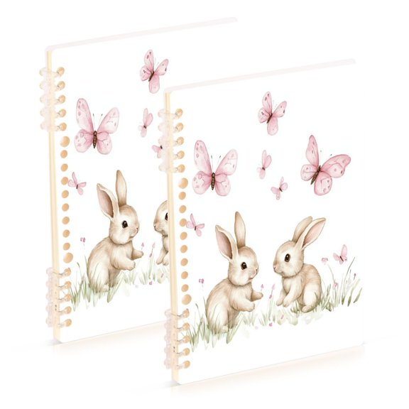 WOBOGO Rabbits Playing with Pink Butterflies Notebook College Horizontal Grid Paper Ink Spill Resistant Water Resistant Cover 8.3x5.7x0.4in