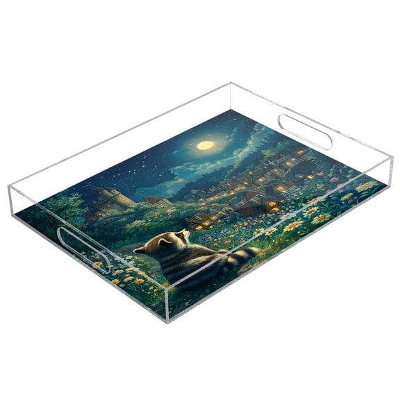 WOBOGO Raccoon Journey Acrylic Serving Trays 15.7x11.8 Inch Spill Proof Clear Decorative Organizer with Handle