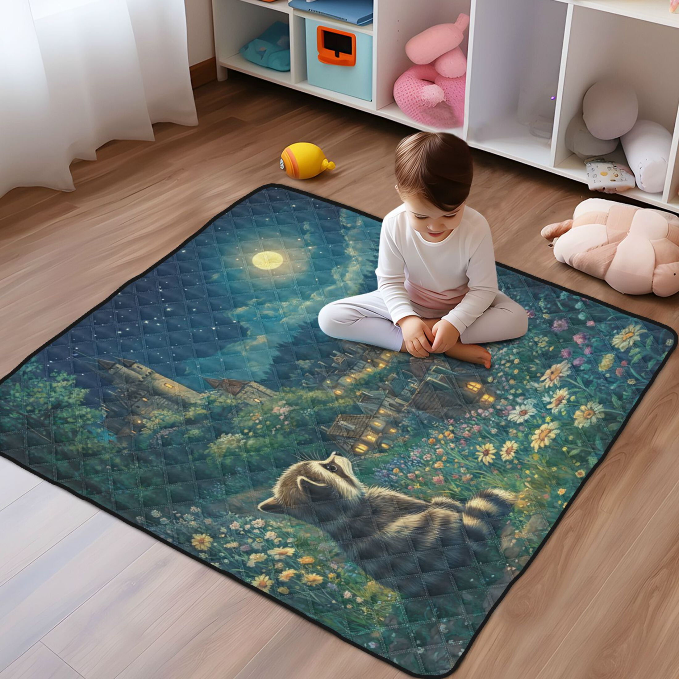 WOBOGO Raccoon Journey Baby Playmats Extra Large Waterproof Rollable Activity Pads for Toddlers 50×50inch