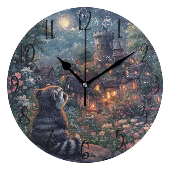WOBOGO Raccoon Trip Wall Clock 10in Silent Mechanism Battery Operated Retro Style for Living Room Bedroom and Kitchen Black Pointer