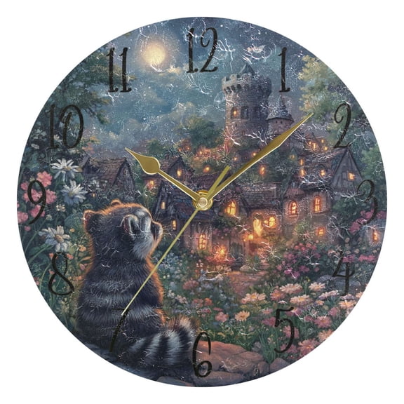 WOBOGO Raccoon Trip Wall Clock 10in Silent Mechanism Battery Operated Retro Style for Living Room Bedroom and Kitchen Gold Pointer