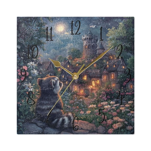 WOBOGO Raccoon Trip Wall Clock 7.78 Inch Battery Operated Silent Unit Square Rustic Vintage Style for Home Bedroom Office Gold Pointer