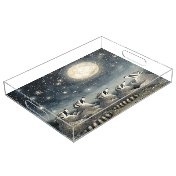 WOBOGO Raccoon Watching The Moon Acrylic Serving Trays 15.7x11.8 Inch Spill Proof Clear Decorative Organizer with Handle
