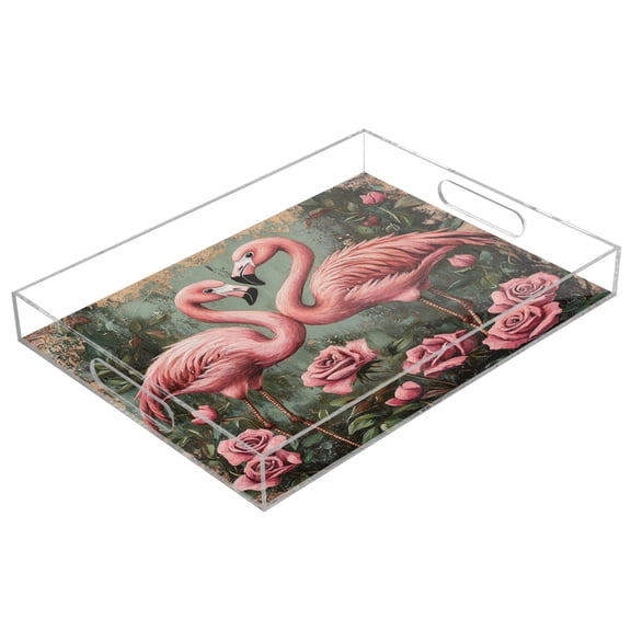 WOBOGO Ragged Pink Flamingo Acrylic Serving Trays 15.7x11.8 Inch Spill Proof Clear Decorative Organizer with Handle