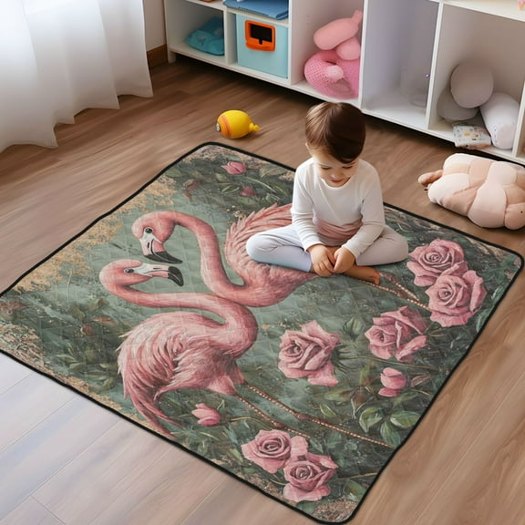 WOBOGO Ragged Pink Flamingo Baby Playmats Extra Large Waterproof Rollable Activity Pads for Toddlers 5050inch