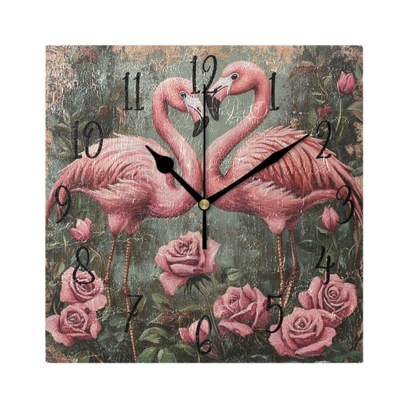 WOBOGO Ragged Pink Flamingo Wall Clock 7.78 Inch Battery Operated Silent Unit Square Rustic Vintage Style for Home Bedroom Office Black Pointer