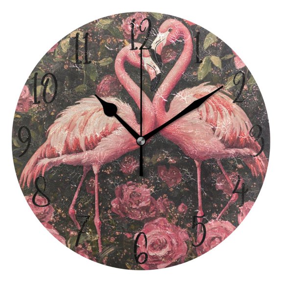 WOBOGO Ragged Pink Flamingos Wall Clock 10in Silent Mechanism Battery Operated Retro Style for Living Room Bedroom and Kitchen Black Pointer