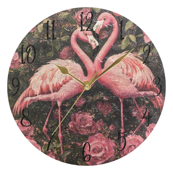WOBOGO Ragged Pink Flamingos Wall Clock 10in Silent Mechanism Battery Operated Retro Style for Living Room Bedroom and Kitchen Gold Pointer